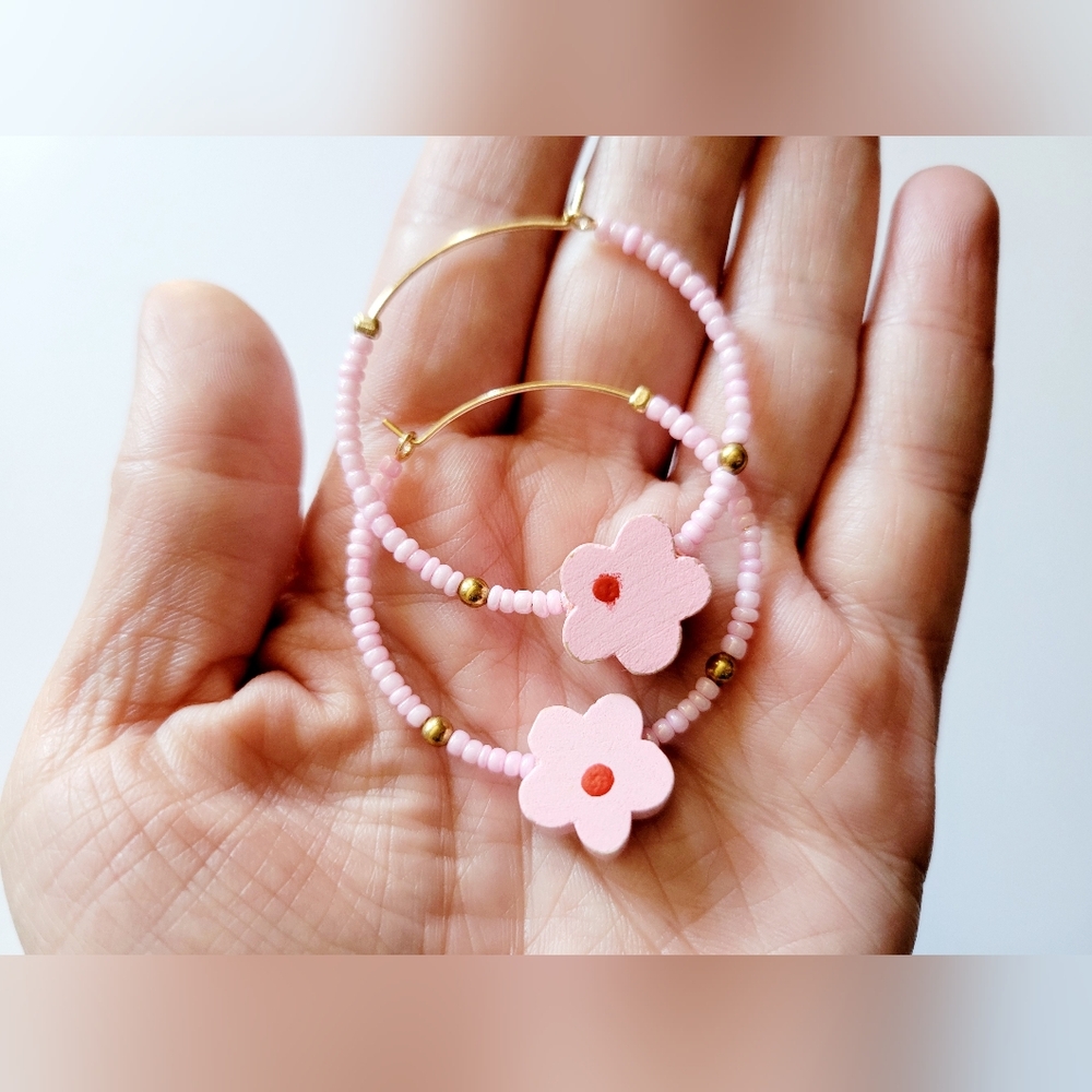 Handmade Pink Flower Hoop Earrings 18k Gold Plated